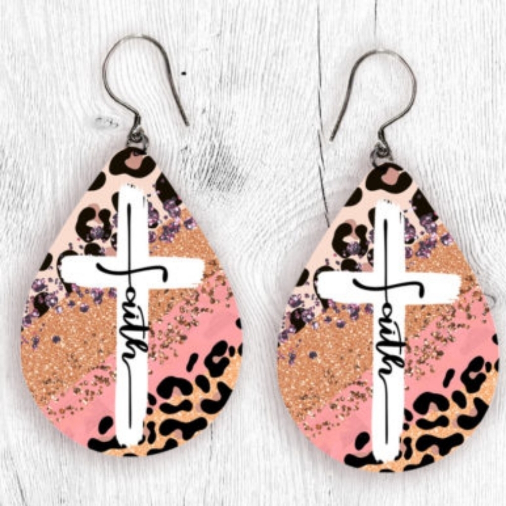 Leopard Print Faith Cross Earrings - Pink and Gold - Picture 1 of 1